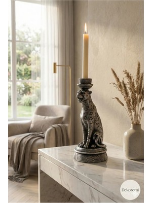 Tual Hobi Sanat Lüks Dekoratif Leopar Figürlü Şamdan & Mumluk (24CM Boy) Dekorasyon ve Hediyelik Trend Ürün