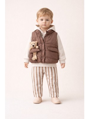 Harika Kids Erkek Bebek 3’lü Takım 9-24 Ay Şişme Yelek %100 Pamuk Sweatshirt Gabardin Pantolon