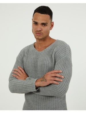 Elku Moda Oversize V Yaka Pamuklu Triko Kazak Salaş ve Şık Örme Pamuklu Triko Kazak