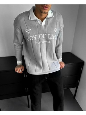 Elku Moda Oversize Polo Yaka Desenli Triko Kazak Yumuşak Dokulu Tüylenmez Salaş Nakış Detaylı Sweatshirt Triko