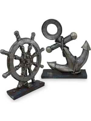 Dekoromi Dekoratif Çapa ve Dümen Biblo Heykel Seti (2 Parça) 25X21 cm