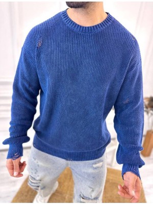 Elku Moda Kazak Triko Oversize Tüylenmez Naturel Pamuk Yırtık Lazer Kesim Rahat Kesim Yıkamalı Salaş Kazak