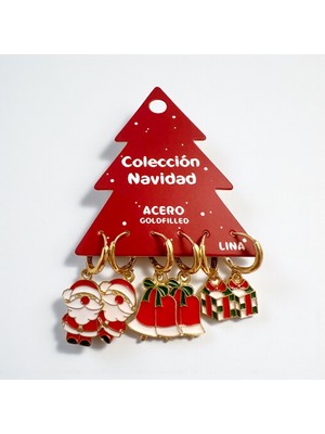 ALS Tasarım Dünyası Kadın Noel Baba, Hediye Kutusu ve Çan Temalı Üçlü Yılbaşı Küpesi, Yeni Yıl Hediyelik Küpe