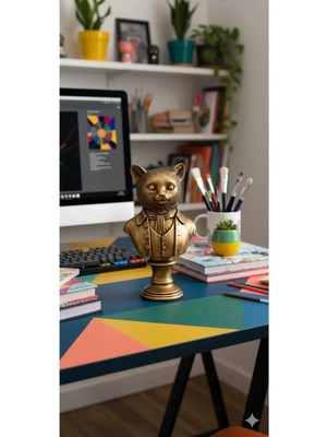 Tual Hobi Sanat Beyefendi Kedi Biblo Heykeli 3D Figür (25X13 Cm) El Boyaması Ev Dekorasyon