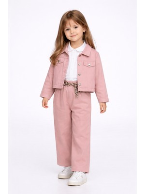 Harika Kids Kız Çocuk Gabardin Ceketli Takım – Düğmeli Dokuma Gömlekli, Beli Lastikli Kemerli Pantolon 2-5 Yaş