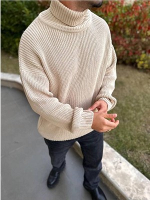 Elku Moda Boğazlı Erkek Kazak Oversize Balıkçı Yaka Geniş Salaş Triko Oversize Triko