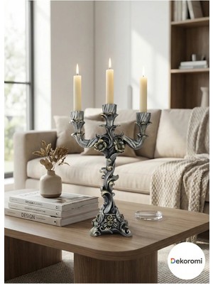 Tual Hobi Sanat Dekoratif Çiçek Desenli 3 Kollu Şamdan (28X18CM) - Dekorasyon Şamdan Mumluk