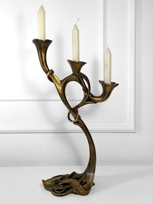 Tual Hobi Sanat 3 Başlıklı Etnik Desenli Dekoratif Şamdan ve Mumluk Gold (39X20CM)