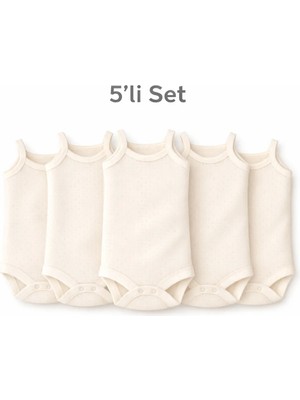 Novibaby 5'li Jakarlı Ip Askılı Bebek Body Zıbın Çıtçıtlı 100% Pamuk - Ekru