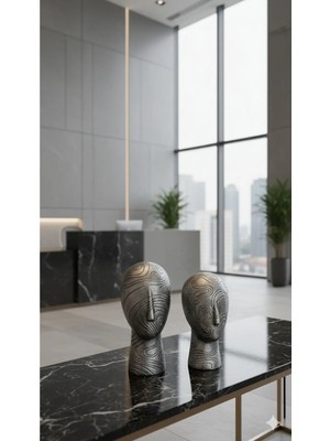 Dekoromi Dekoratif 2'li Kadın Suratı Heykel Biblo 3D El Boyaması Dekorasyon Ürünü (28X12CM)