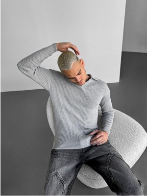 Elku Moda Slim Fit Polo Yaka Yumuşak Dokulu Italyan Kesim Kazak Fitilli Sweatshirt
