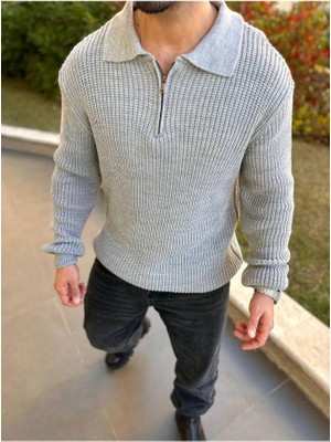 Elku Moda Kazak Örme Oversize Tüylenmez Naturel Pamuk Fermuarlı Polo Yaka Triko Kazak