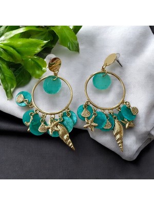 ALS Tasarım Dünyası  Halka Araları Turkuaz Renk Boncuk Balık ve Deniz Yıldızı Küpe