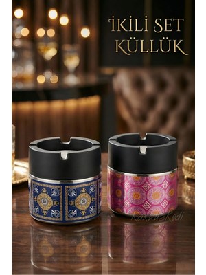 KaktüsKedi 2'li Set Lüks Cam Küllük - Metal Kapaklı Parlak Desenli Dekoratif Kül Tablası