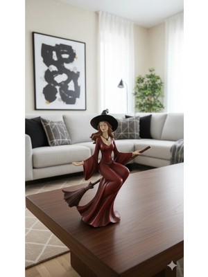 Tual Hobi Sanat Dekoratif Süpürgeli Cadı Biblo - Ev Ofis Dekorasyon Hediyelik El Boyaması Obje (Y20XD17XG7 Cm)