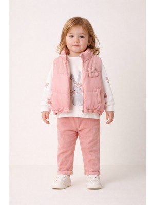 Harika Kids Kız Bebek 3’lü Takım 9-24 Ay Şişme Yelek %100 Pamuk Sweatshirt Kadife Pantolon