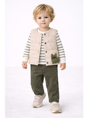 Harika Kids Erkek Bebek 3’lü Takım 9-24 Ay Şişme Yelek %100 Pamuk Sweatshirt Kadife Pantolon