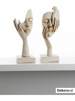 Tual Hobi Sanat Dekoratif 2'li Kadın Yüzü Maske Heykeli (26X11CM) Altın Eskitmeli Aksesuar