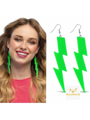 Urfakent 80’ler 90&amp;#39;lar Retro Neon Yeşil Şimşek Küpe 10 cm