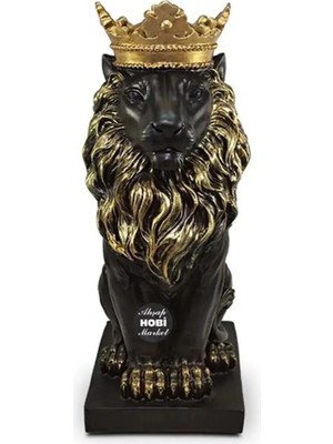 Dekoromi Dekoratif Aslan Kral Heykel Biblo Siyah ve Altın Renk Hayvan Obje Figür (35X19CM)