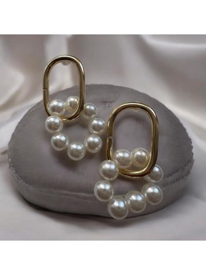 ALS Tasarım Dünyası Kadın Inci Içi Desenli Üst Kısmı Altın Kaplama Halka Küpe