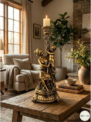 Tual Hobi Sanat Dekoratif Kadın ve Çocuk (Anne ve Oğlu) Şamdan Mumluk 50X22CM Dev Boy Dekorasyon