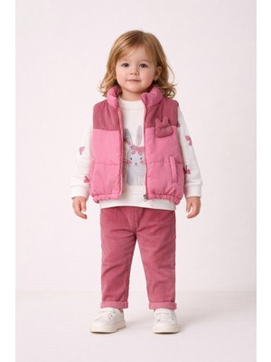 Harika Kids Kız Bebek 3’lü Takım 9-24 Ay Şişme Yelek %100 Pamuk Sweatshirt Kadife Pantolon