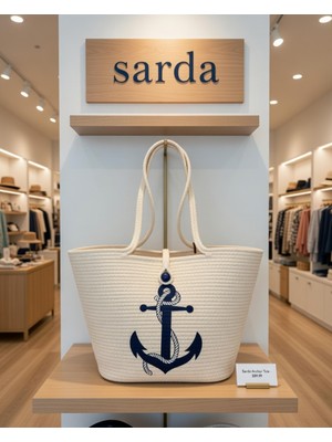 Sarda Yazlık Ekru Hasır Kadın Plaj Çantası Denizci Çapa Baskılı Büyük Omuz Çantası