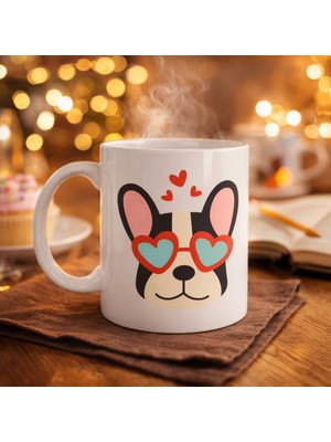 Urfakent French Bulldog Desenli Kalpli Gözlüklü Porselen Kupa Model 50 – Sevimli Köpek Tasarımlı Kahve Kupası