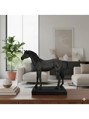 Tual Hobi Sanat Kaideli Büyük At Heykeli (37X35 Cm) Siyah Dekoratif Ev Ofis Sehpa ve Raf Biblo