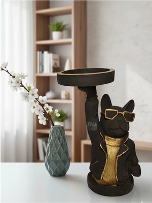 Tual Hobi Sanat Dekoratif Tepsili Bulldog Köpek Obje Sunumluk Lüks Biblo (23X16CM)