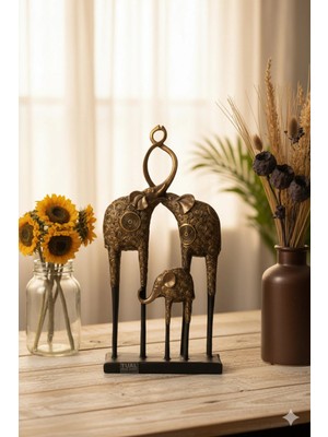 Tual Hobi Sanat Dekoratif Polyester Fil Ailesi Heykel Biblo Gold Altın (35X18CM) Dekorasyon Hediyelik Ürün