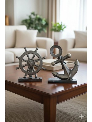 Tual Hobi Sanat Dekoratif Çapa ve Dümen Biblo Denizci Heykel Seti Dekorasyon (2 Parça) 25X21 cm