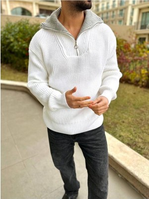 Elku Moda Kazak Dik Yaka Fermuarlı Balıkçı Yaka Örme Pamuk Tüylenmeyen Oversize Salaş Tarz Triko Kazak