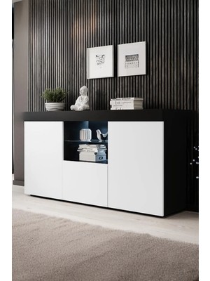 ODESSIA Konsol LED Aydınlatmalı Şık Büfe Cam Raflı Modern ve Zarif Konsol Siyah Beyaz Elegant