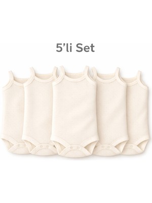 Novibaby 5'li Jakarlı Ip Askılı Bebek Body Zıbın Çıtçıtlı 100% Pamuk - Ekru