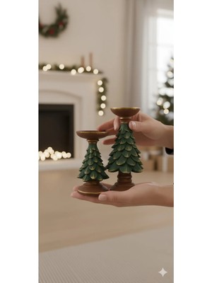 Dekoromi 2'li Yılbaşı Hediyesi Çam Ağacı Şamdan Mumluk (16 ve 27CM Boy)