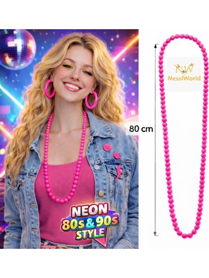 Urfakent Neon Pembe Boncuk Kolye 80 cm – Retro 80’ler 90’lar Parti Aksesuarı