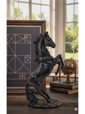 Tual Hobi Sanat Dekoratif Şaha Kalkan At Heykeli Biblo 35X18CM Siyah El Boyaması