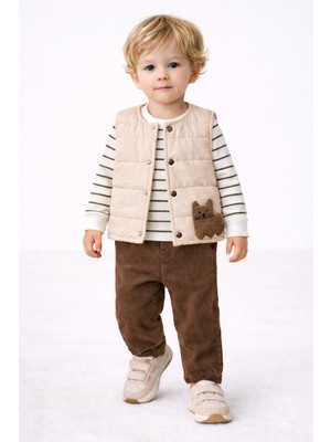Harika Kids Erkek Bebek 3’lü Takım 9-24 Ay Şişme Yelek %100 Pamuk Sweatshirt Kadife Pantolon