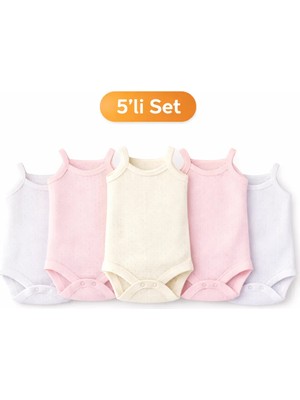 Novibaby 5'li Jakarlı Ip Askılı Bebek Body Zıbın Çıtçıtlı 100% Pamuk - Ekru Pembe Beyaz