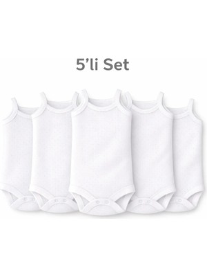 Novibaby 5'li Jakarlı Ip Askılı Bebek Body Zıbın Çıtçıtlı 100% Pamuk Beyaz Çocuklar İçin Rahat ve Şık