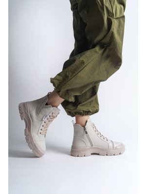 Pabucmarketi Krem (Krem Taban) Bağcıklı Fermuarlı Kadın Sneaker Bot