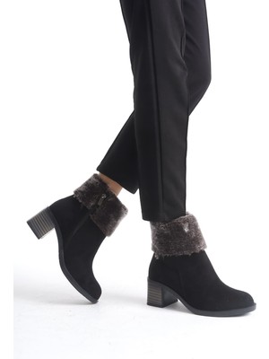 Pabucmarketi Siyah Süet Fermuarlı Kürk Detaylı Kadın Topuklu Bot