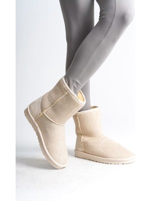 Pabucmarketi Krem Süet Içi Kürklü Kadın Düz Bot