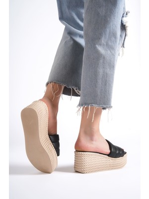 Pabucmarketi Siyah Hasır Görünümlü Kadın Dolgu Topuk Terlik