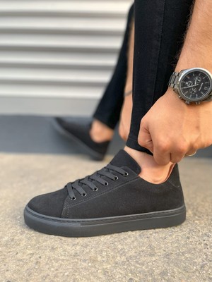 Pabucmarketi Siyah Süet (Siyah Taban) Bağcıklı Erkek Sneaker