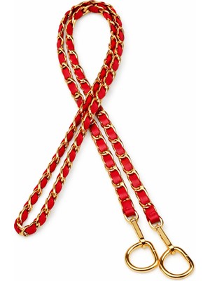 Nildenhobim Suni Derili Metal Çanta Zincir Seti Zincir Uzunluk 115 cm ( Kırmızı Deri - Altın Renk Aksesuar )