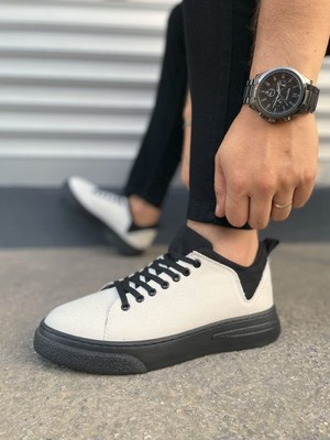 Pabucmarketi Beyaz Siyah (Siyah Taban) Keten Bağcıklı Erkek Sneaker