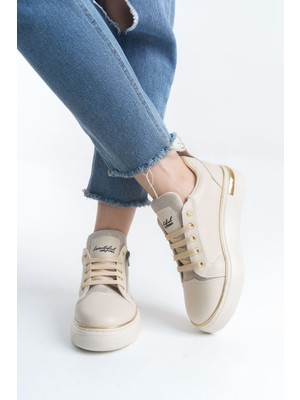 Pabucmarketi Krem Altın Bağcıklı Fermuarlı Kadın Sneaker